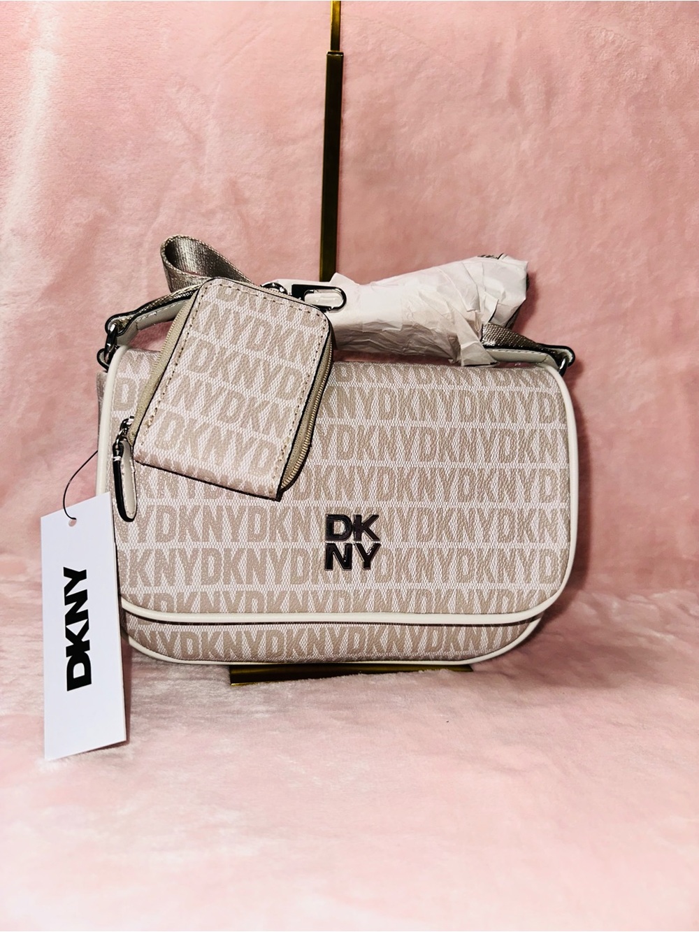 DKNY Beige Logo Monogram Crossbody Bag